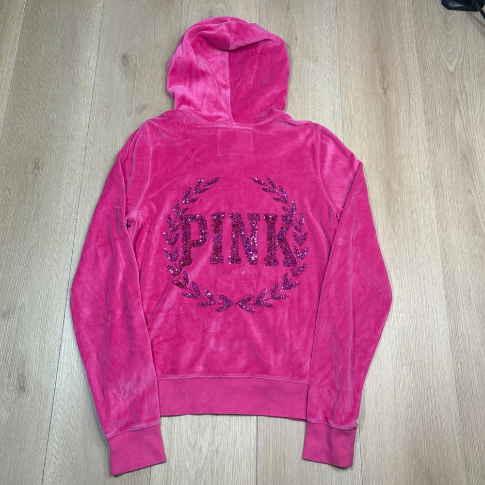 Y2K Pink Victoria's Secret Velour Zip Up Hoodie Fuchsia Sequin Logo Large 1986